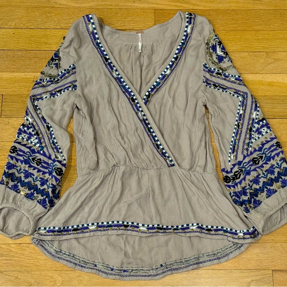 Anthropologie Free People Gray Beaded Embroidered Peasant Wrap Top XS